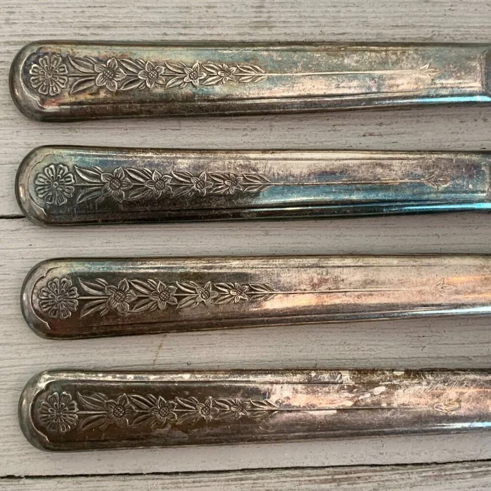 4 Meriden Silverplate Delight Knives Dinner Knife Floral Vintage 50s HTF Set 8.5